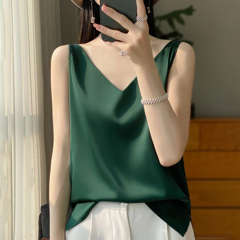 Women's Spring and Summer Solid Color Loose Silk Satin Halter Bottoming Shirt Simple Casual Sleeveless Tops