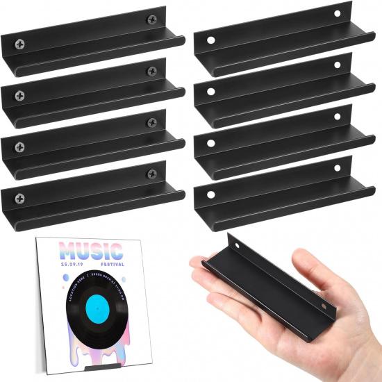 8 Pack Vinyl Record Shelf Wall Mount, Black Metal Vinyl Holder, Wall Display Shelf Record, Minimalist Album Display Holder Storage Hanger for Music