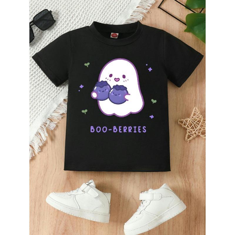 

European sizes Stylish and Casual Round Neck Short-sleeved T-shirt for Girls, Featuring a Fun and Cute Print of a Girl Holding Two Blueberries 98cm чёрный