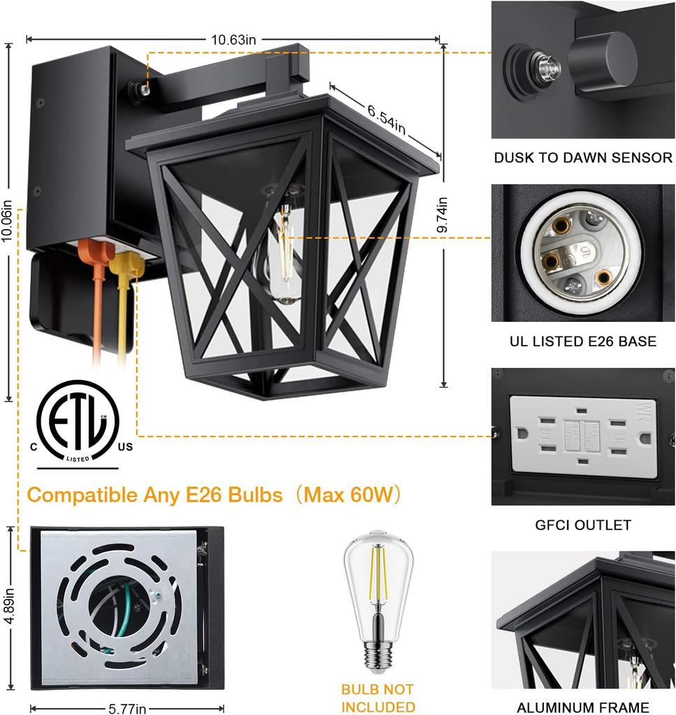 Dusk to Dawn Outdoor Lights with Built-in Sockets, Waterproof and Rustproof Aluminum Outdoor Lights with GFCI Sockets