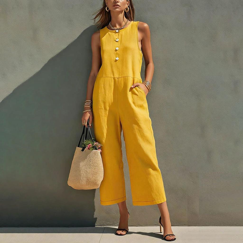Modischer Damen-Jumpsuit mit Rundhalsausschnitt, Knöpfen, ärmellos, Tasche, lässig, Retro, weites Bein, Sieben-Viertel-Länge