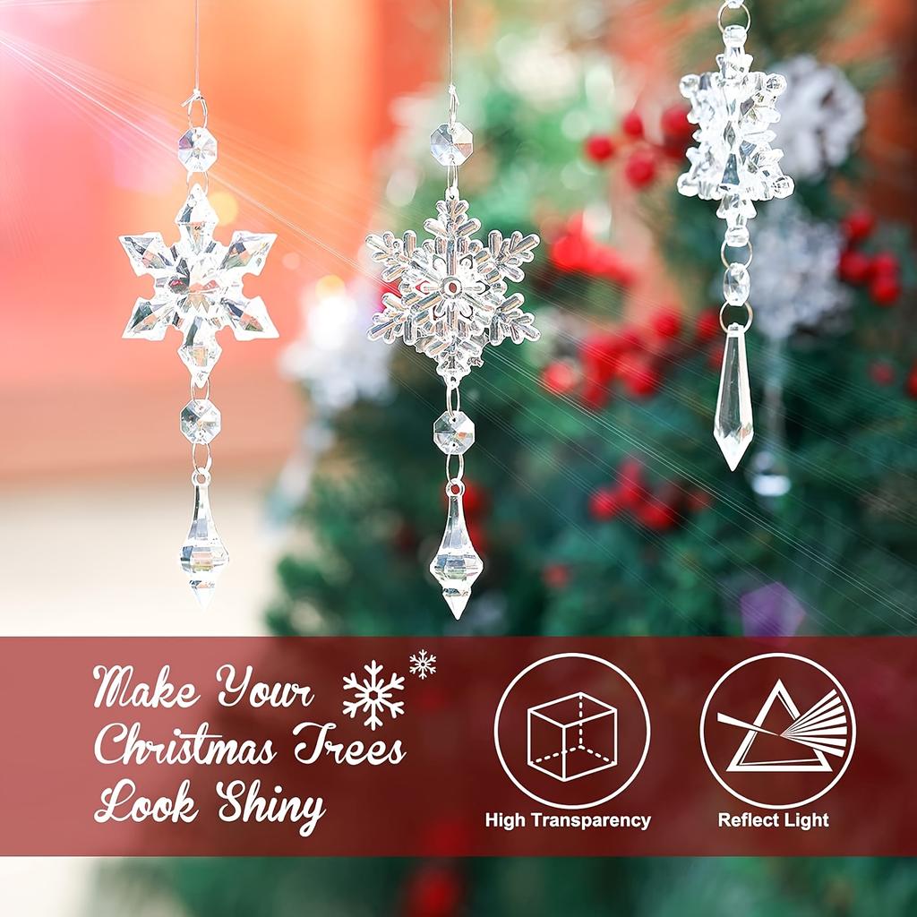 15pcs Elegant Crystal Snowflake Ornaments with 393.7inch Long Silvery Rope, Christmas Tree Acrylic Snowflake Winter Wonderland Decorations, Sparkling