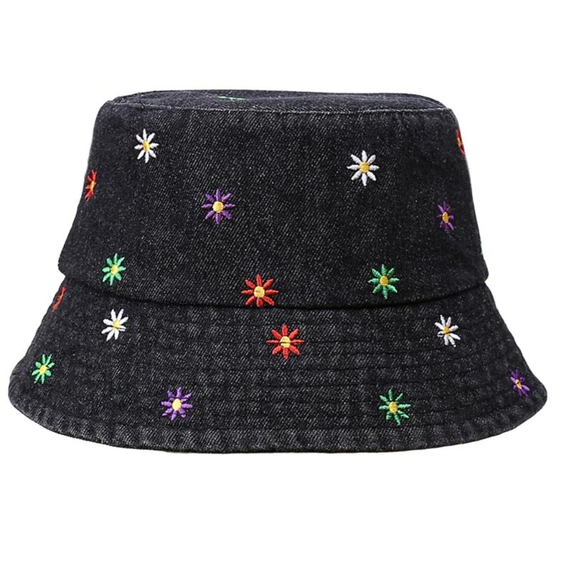 Stylish Jeans Flower Pattern Bucket Hat Extended Edge Shade Guard Unisex Warm Season Shore Hat for Various Occasion