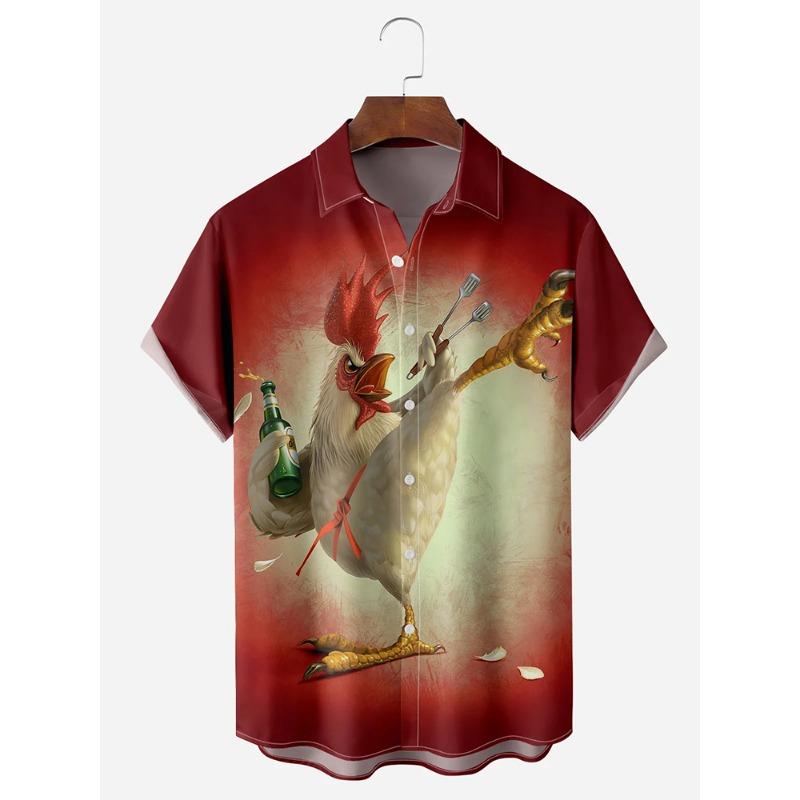 Camicia Corta Hawaiana da Uomo Stampa Pollo Cartone Animato Camicia Casual da Uomo Estate Quotidiano Street Fashion Camicia a Maniche Corte da Uomo