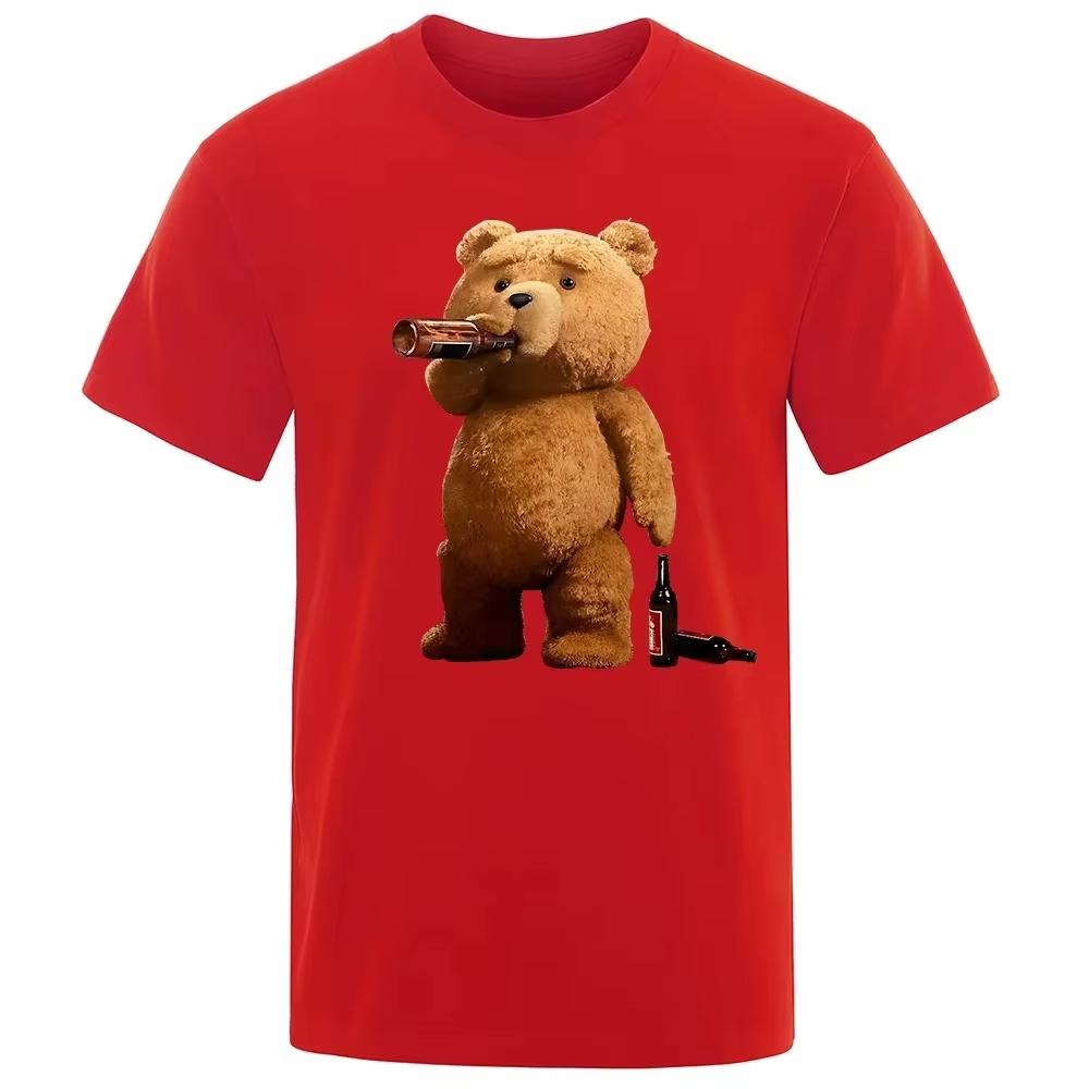 

2025 Autumn and Winter Cute Bear Drink Beer Print T-shirt Unisex Fashion Casual Short Sleeve Loose T-shirt Street Style T-shirt 4XL