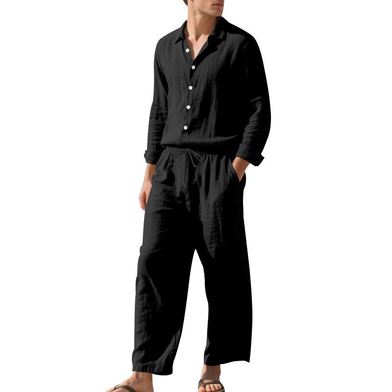 European & American Men's Breathable Cotton Linen Long Sleeve Shirt & Trousers Set