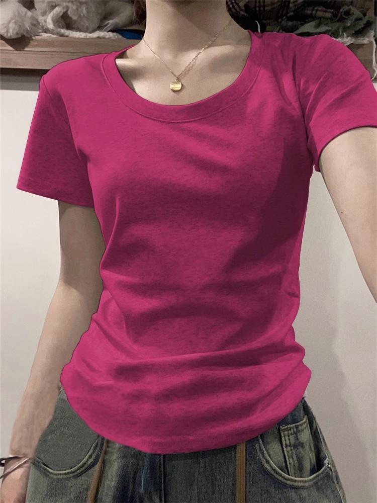 Maglietta a maniche corte slim fit in puro cotone americano High Street da donna, con spalle scoperte, versatile, attillata e corta