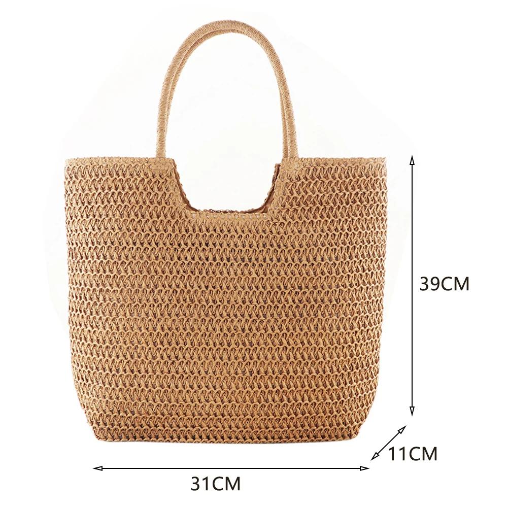 Women Straw Tote Handbag Large Capacity Crochet Beach Handbag Solid Color Weaving Travel Handbag Ladies Summer Daily Bag
