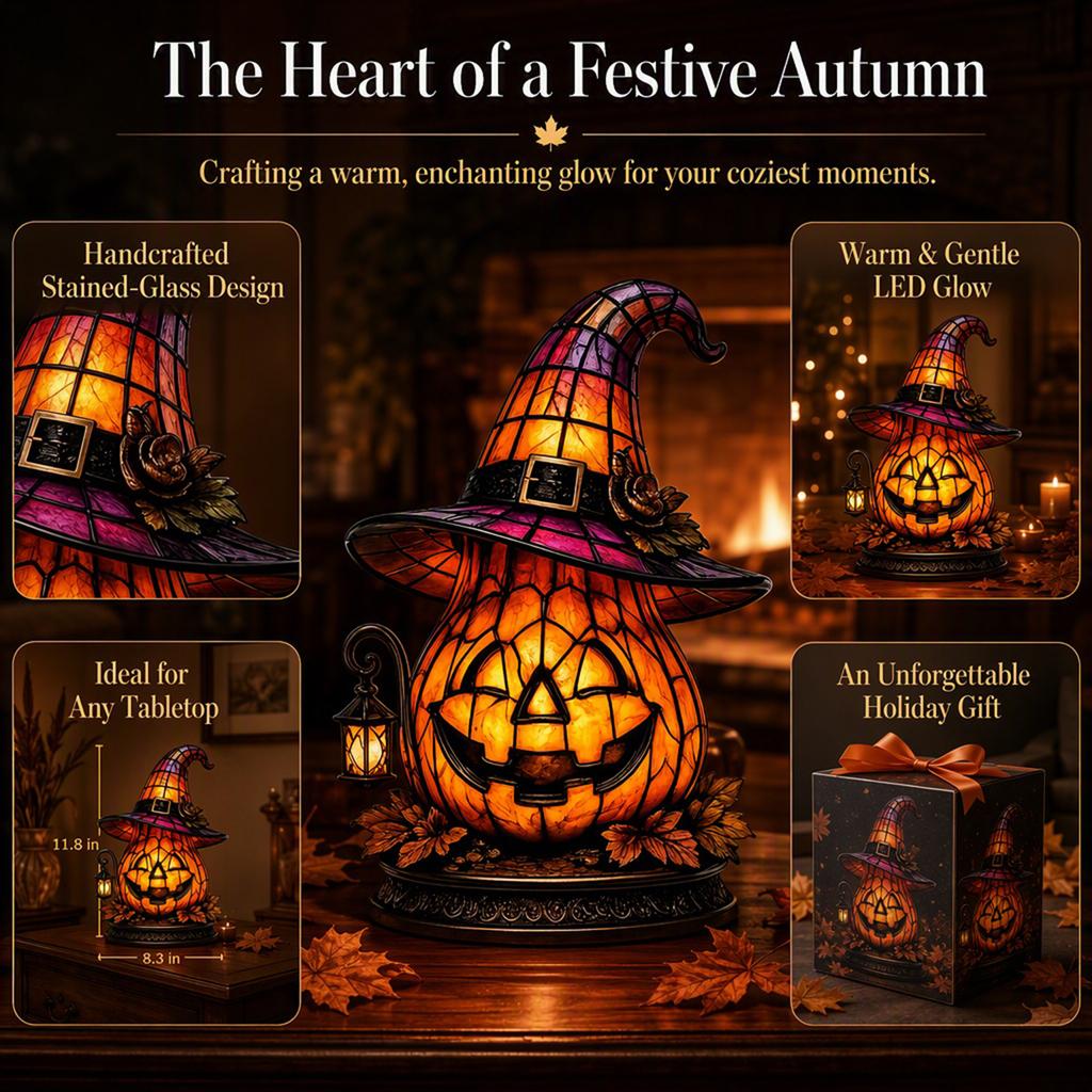 Resin Tabletop Figurine Halloween Pumpkin Witch Hat LED Night Light Warm Glow Smiling Face Fall Seasonal Decor