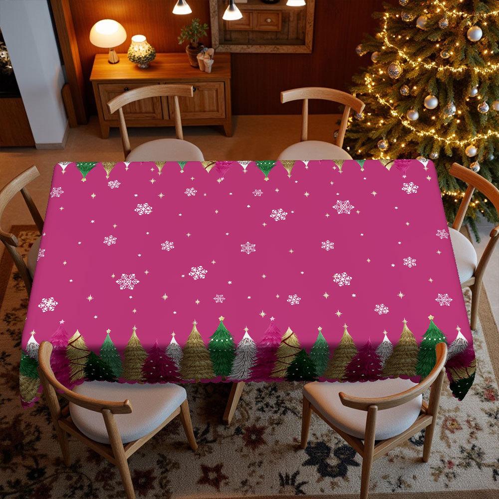 Christmas Rose Red Dining Table Cloth Waterproof Snowflake Christmas Tree Print, Round Coffee Table Cloth, Warm Winter Dining Table Decorative Cloth