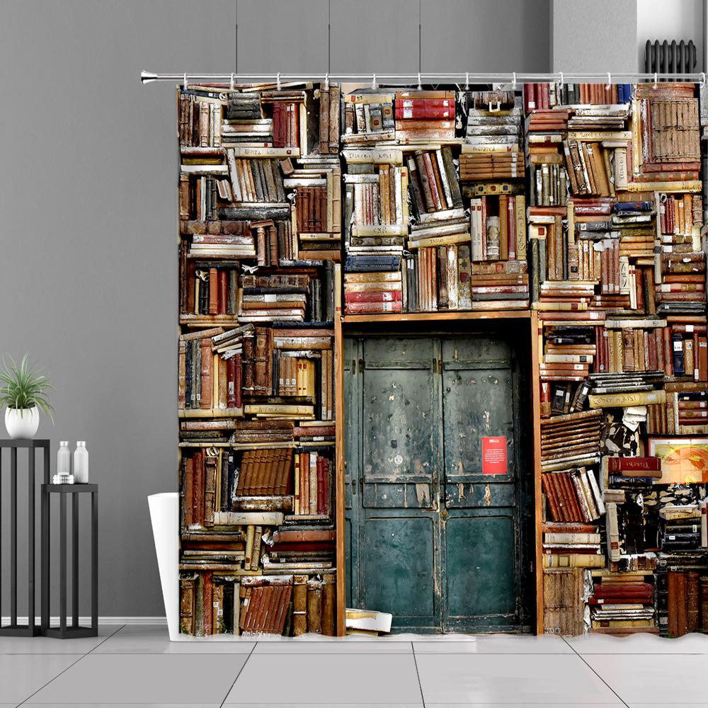 Library Old Wooden Booksheld Shower Curtain Magic Book Design Bath Curtain Study Room Temple Decoration Bathroom Decor Screens