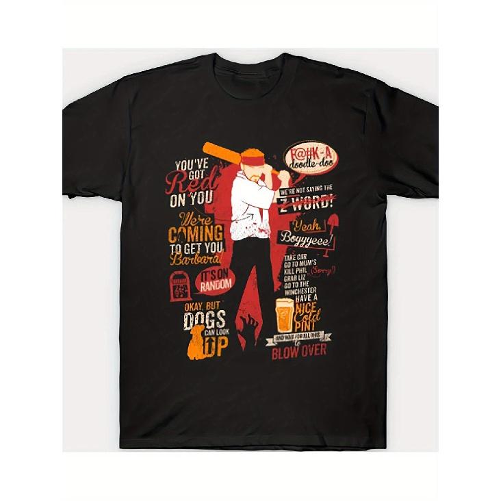 Men S Shaun of the Dead Movie T-Shirt - Iconic Quotes & Characters (Ed, Phil, Shaun) - 100% Cotton Breathable Black Tee with Red/Orange Print - S
