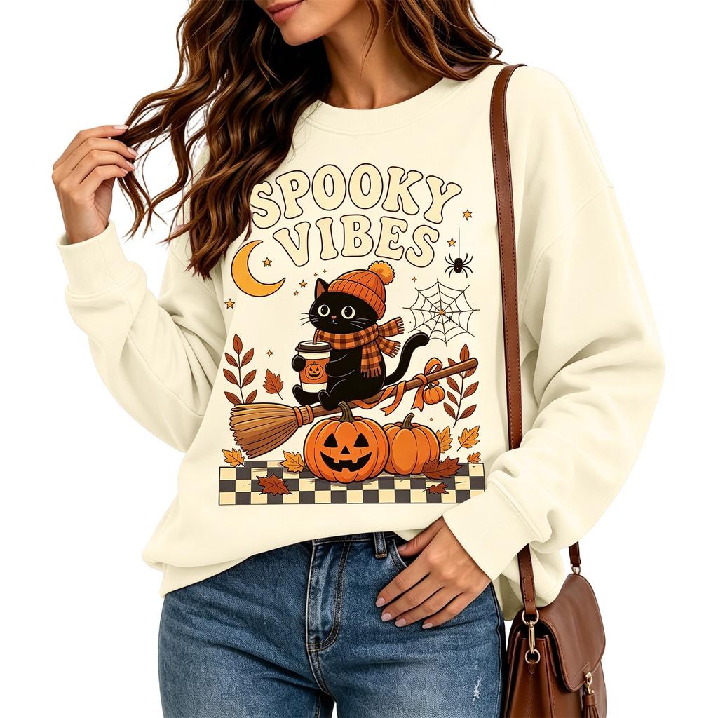 Women's fashionable casual long-sleeved Halloween printed round-neck top