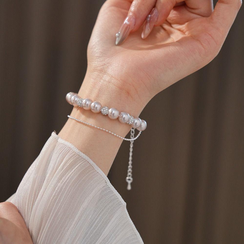 Elegant Pearl Crystal Bracelet Charm Double Layer Bracelet Sweet Beaded Hand Bangle  Gift