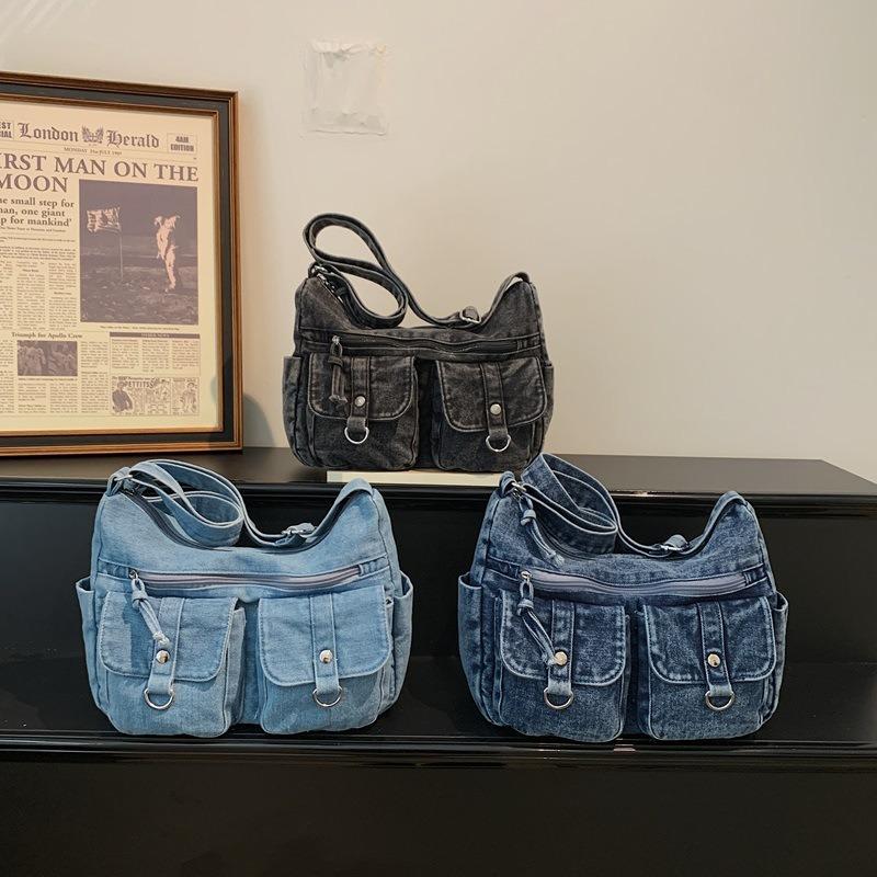 Retro Denim Bag Multi-pocket Messenger Bag Student Popular Messenger Bag Fashionable Versatile Large Capacity Commuter Shoulder Bag