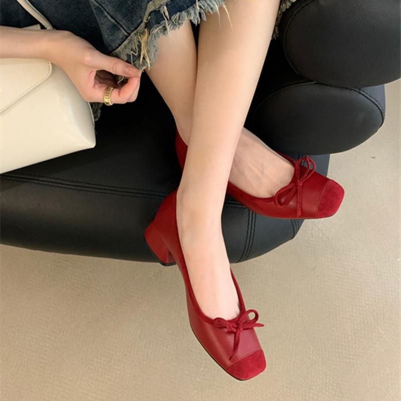 Fashion Bailamos Women Flats Fashion Soft Leather Slip On Ballet Shoes Square Toe Bow Low Heels Dress Shoes Shallow Mouth Casual Shoes M