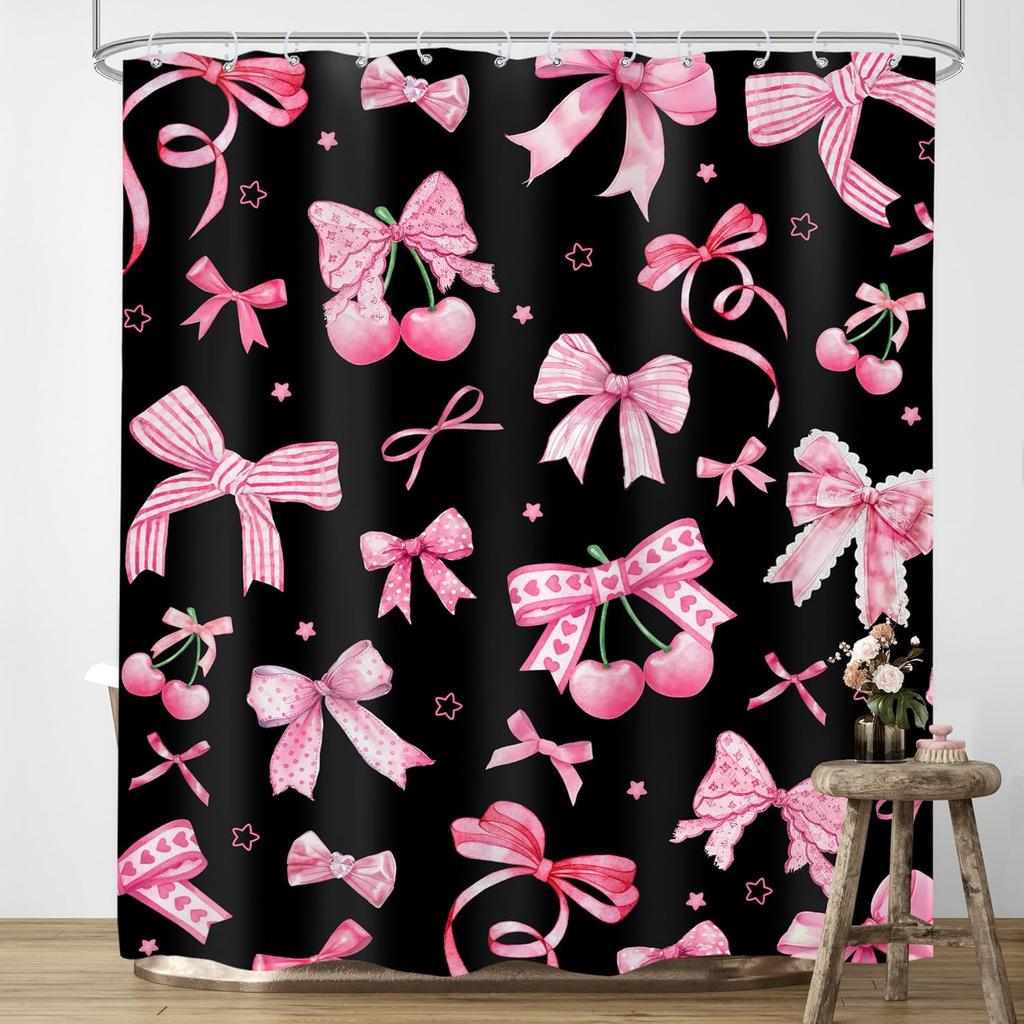 Pink Black Bow Shower Curtain Cherry Girly Preppy Modern Fruit Pretty Sweet Aesthetic for Girls Teens Cloth Fabric