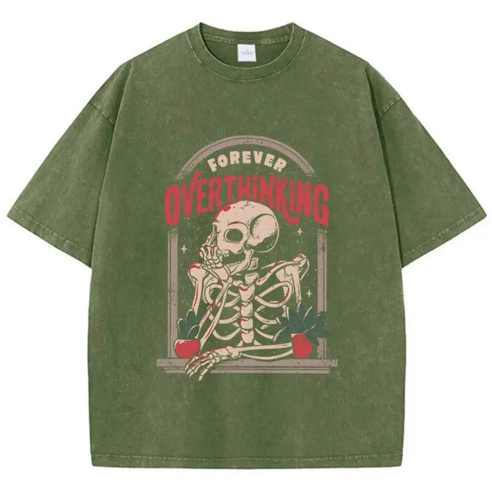 Casual Cotton Washed T-Shirts Skeleton Man On The Balcony Printing Tops Oversize O-Neck Soft Short Sleeve Mans Clothes