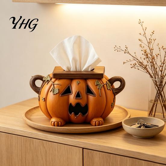 Holiday Ritual Gift Halloween Pumpkin Tissue Box Holder, Resin Decorative Facial Funny Face Autumn Seasonal Gifts Cover for Home Office Kitchen Living
