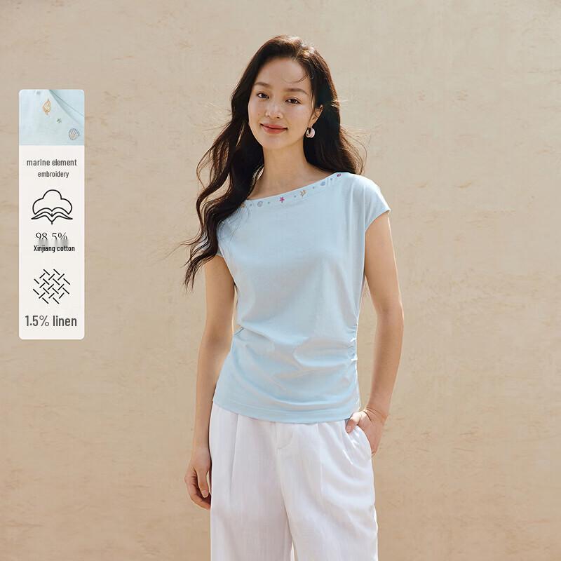 INMAN Embroidered One-Shoulder Linen Blend T-Shirt XL