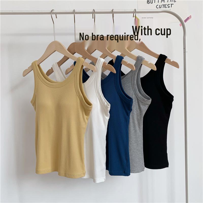 Women's Korean Threaded Camisole with Chest Pads - Integrated Cup, Solid Color Summer Top