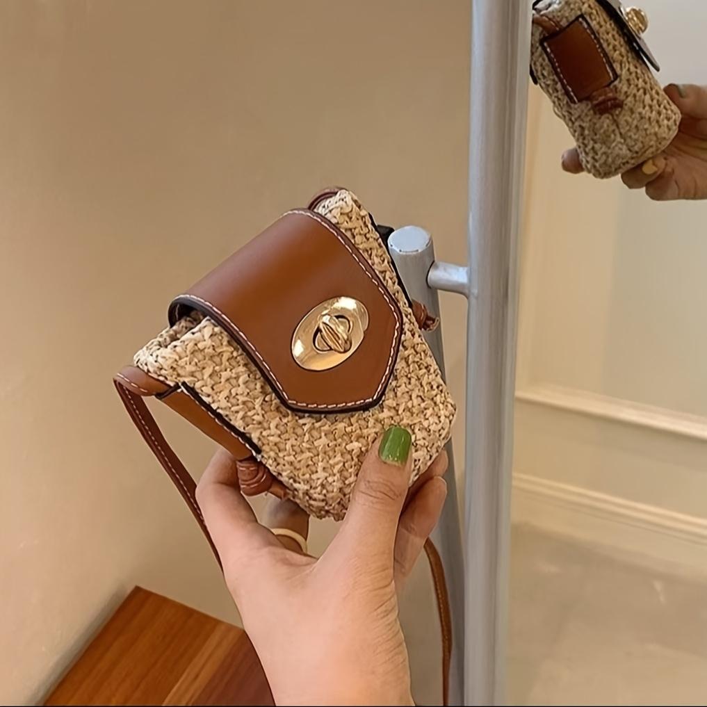 

Женская мини плетеная сумка через плечо, сумка-ведро для пляжного отдыха, повседневная соломенная сумка в стиле пэчворк. хаки