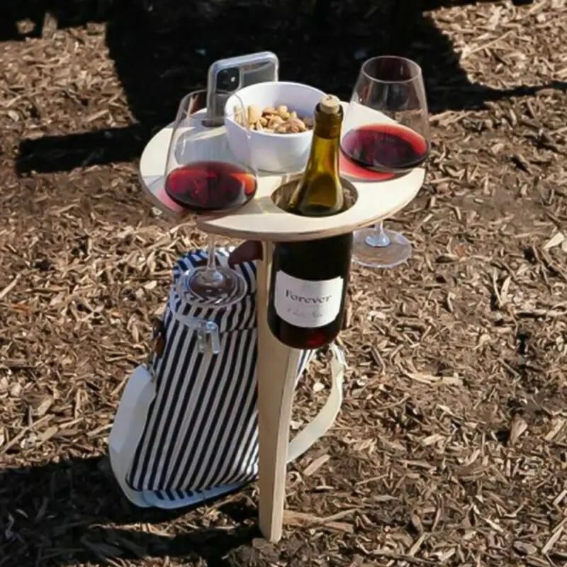 Outdoor Wine Table With Foldable Round Desktop Mini Wooden Picnic Table Collapsible Easy To Carry Wine Rack Party Travel Tools