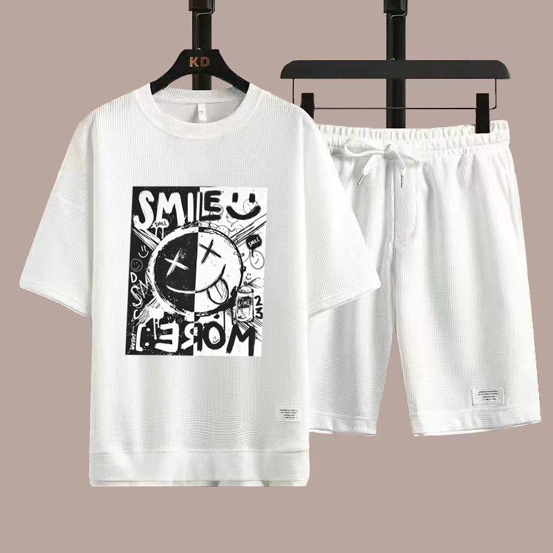 Waffle Mens Set Summer T-Shirt Shorts Tracksuit Mens Streetwear Short Sleeve 2 Pieces Set Casual Men Sports Suit Clothing
