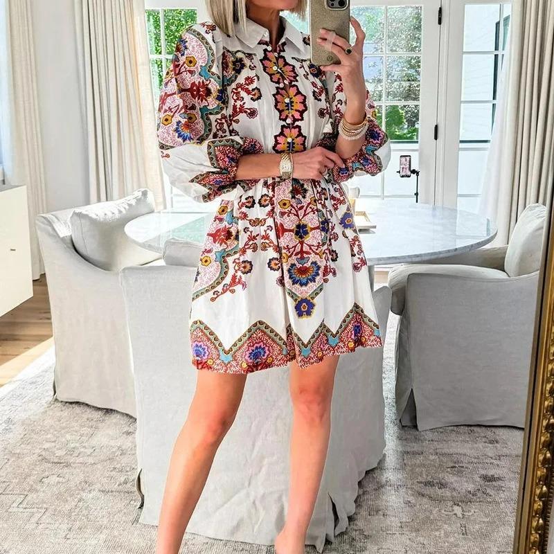 Frühling Damenmode V-Ausschnitt Laterne Ärmel Temperament Druck Taille Schlanke Kleider