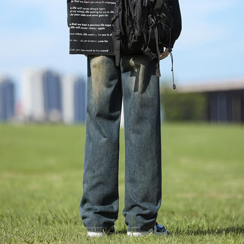 VUUG Men's High Street Retro Loose Straight Wide-Leg Denim Jeans