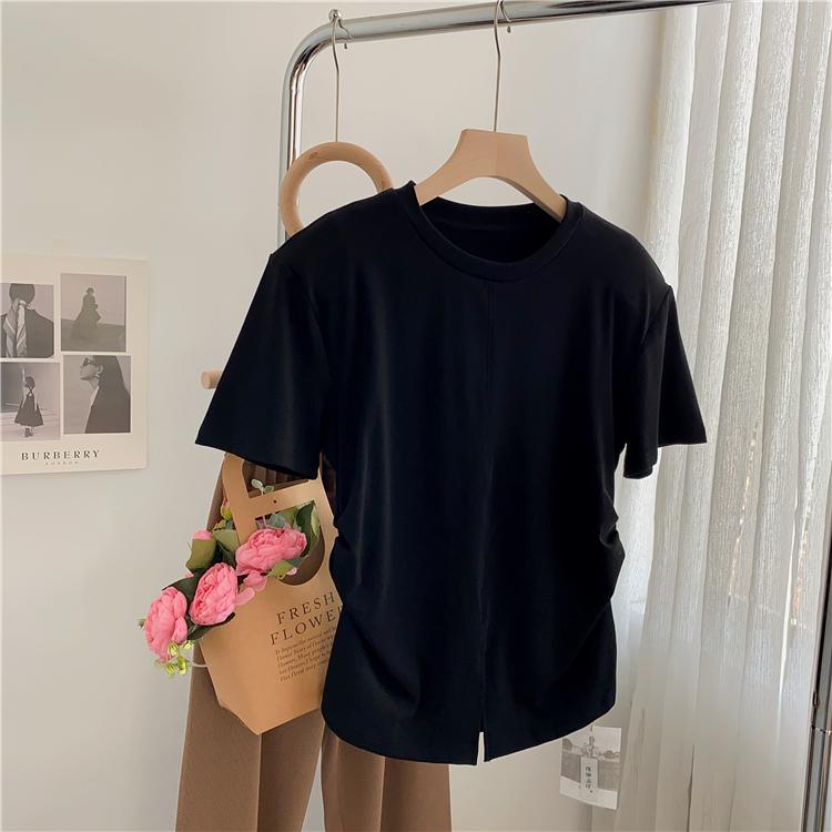 Pure Desire Women's Irregular Slit T-Shirt - Waist-Hugging, Round Neck, Short Sleeves, Loose Summer Style, Sexy Design, High Quality