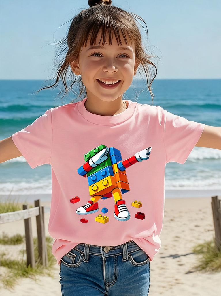 Summer Childrens Dab Dance Colorful Building Block Robot Printed ShortSleeved TShirt Boys and Girls Comfortable Casual Top