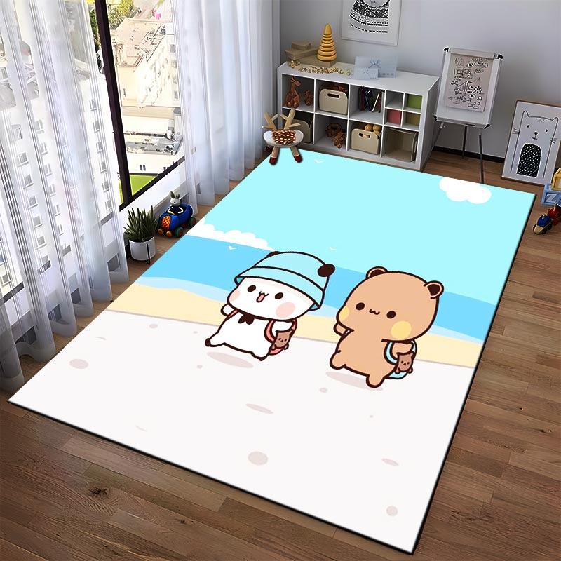 Adorable Cartoon Bear and Panda Walking by the Beach Pattern On a Cute Carpet Suitable for Use As an Anti-slip1 For1room and Bedroom Sofas