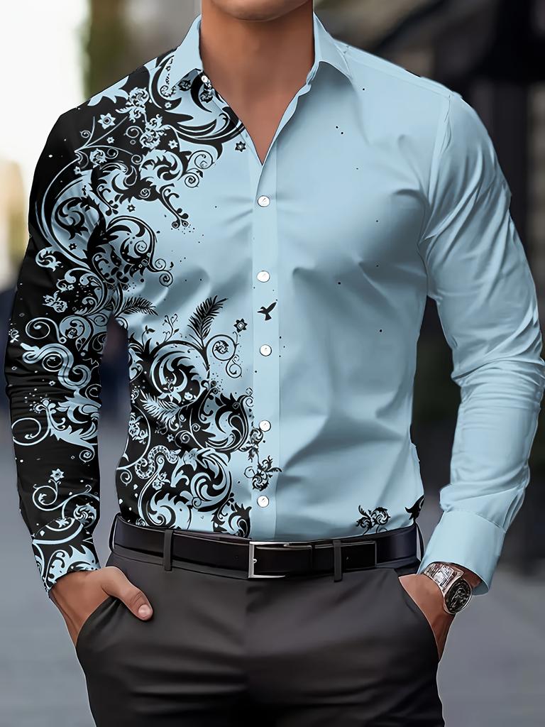 Camicie da uomo alla moda con stampa, per primavera e autunno, casual, traspiranti, con colletto, bottoni, manica lunga