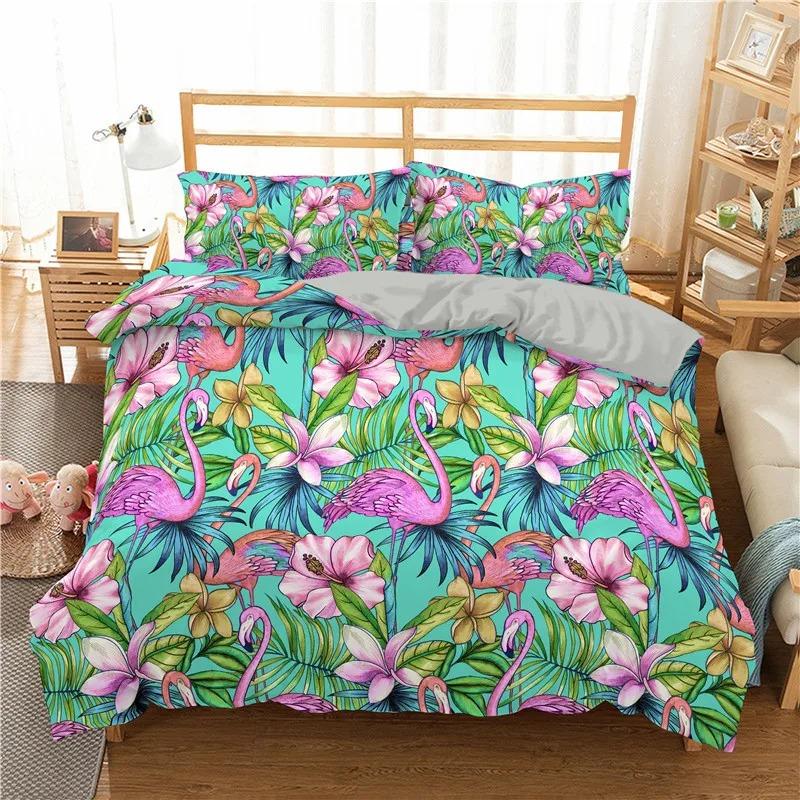 Comforter Girls Flamingo Twin Queen Tropical Leaves Floral Bedding Set For Teen Women Room Dorm Decor Hawaiian Comforter