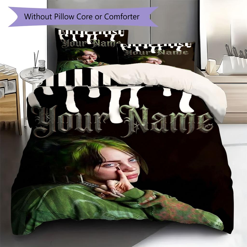 Billie Eilish Custom Name Pattern Bedding,Quilt Set Quilt Cover Pillowcase Home Birthday Gift(1 * Duvet Cover + 2 * Pillowcase, Without Core)