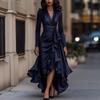 women's Wrap V Neck Satin Long Sleeve Maxi Dress High Waist Ruffled Split Evening Party Gown