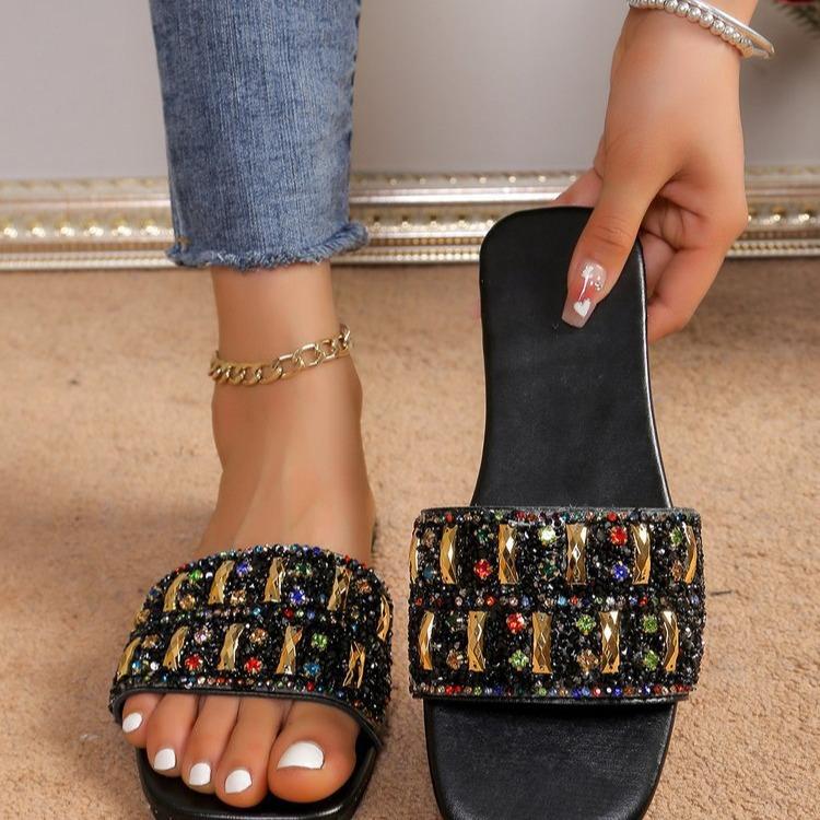 Flat Slippers Outer Wear Women's New Fashion Rhinestone Versatile Square Head Large Size