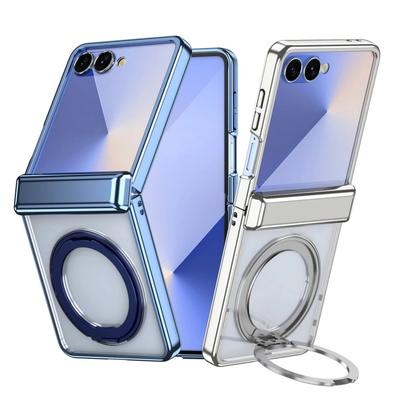 Rotatable Ring Holder Plated Frame with Magnetic Transparent Phone Case for Samsung Galaxy Z Flip 7 Lens Shockproof Protect Back Cover