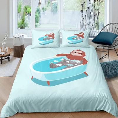 Cartoon Faultier König Königin Bettbezug Kinder Niedliches Tier Bettwäsche Set Badezimmer Dekor Blauer Deckenbezug Weicher Polyester Steppdeckenbezug