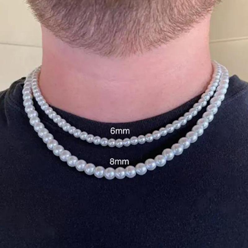 Men's Single Layer Pearl Necklace - Round Beaded Stainless Steel Clavicle Chain