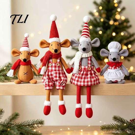 Zacht Knuffel Cadeau Kerst Knuffel Muis Pop, Knuffeldier Speelgoed met Kerstmuts, Pop Schattig Ornament voor Feestelijk Huis Tafelblad Plank Decoratie Kerstboom