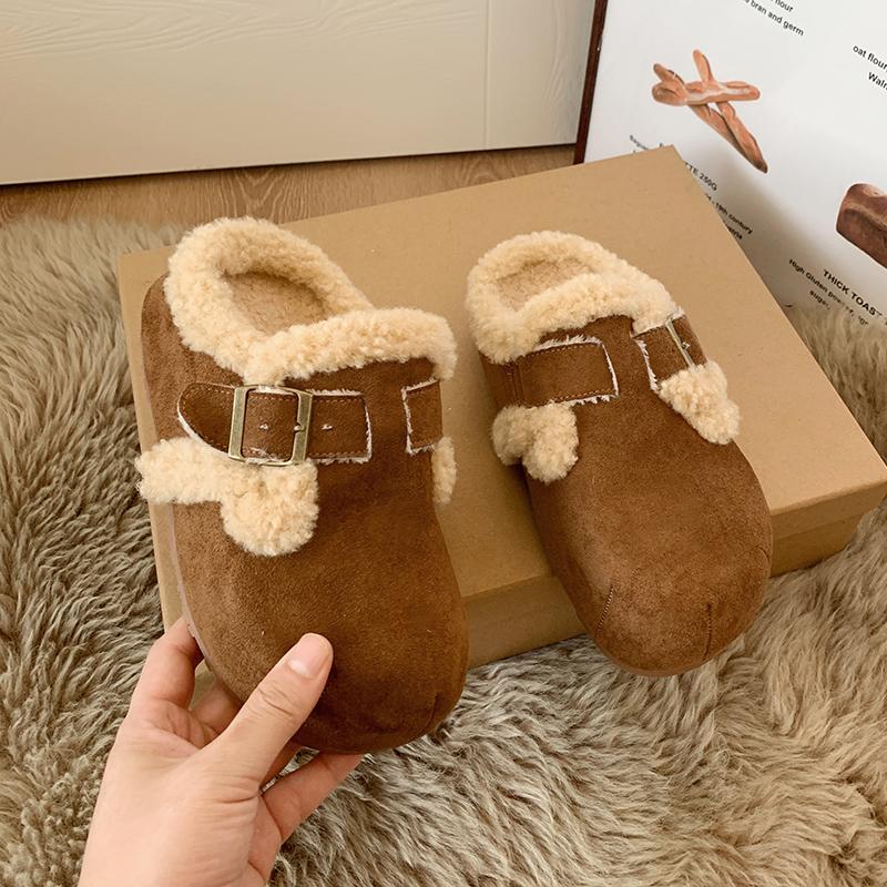 2026 New Women Slippers Fur Flats Short Plush Mules Shoes Women's Fashion Buckle Soft Sole Cotton Shoes Suede Home Warm Slippers