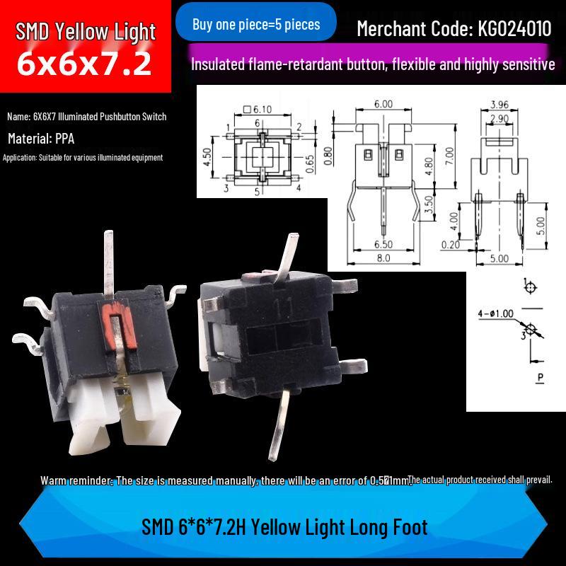 LED Luminous Tactile Switch 6x6x7/7.2mm Through-Hole Reset Button