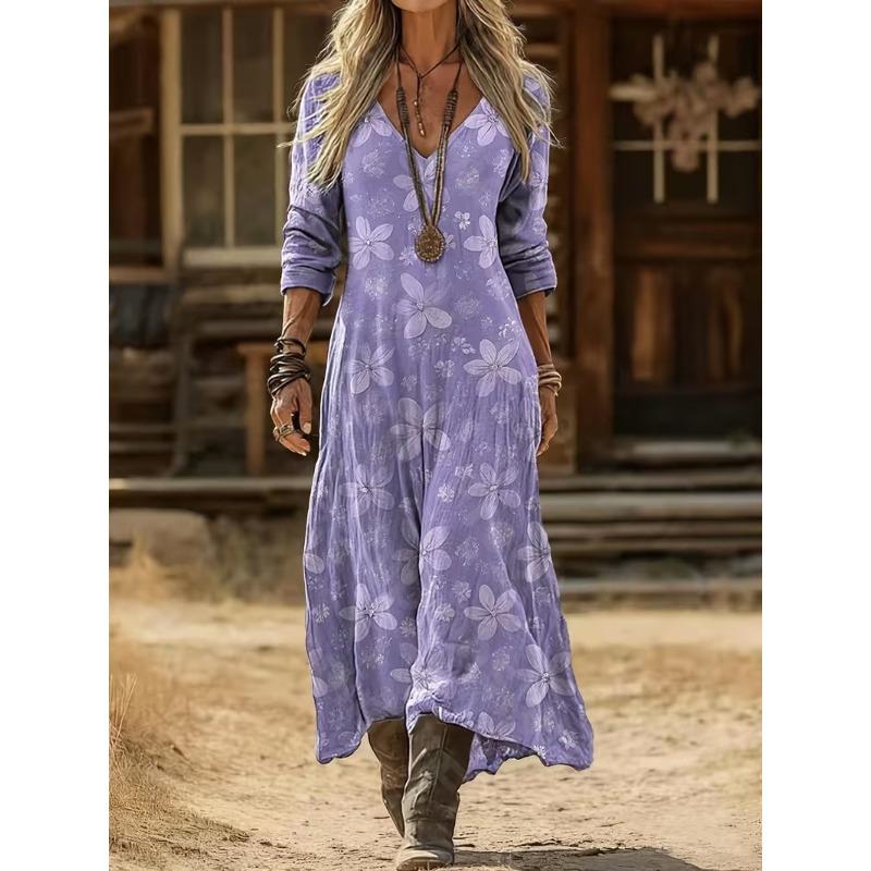 Creative Tie-dye Printing Women's New V-neck Long-sleeved Dress Medium and Long Dress