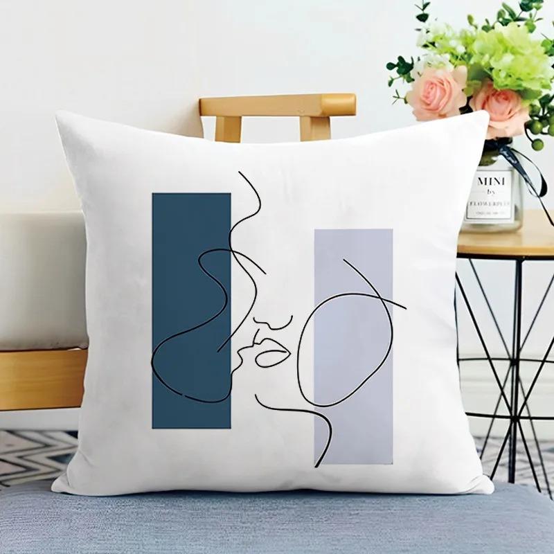 Nordic Blue White Floral Cushion Cover 2D Flat Printed Peach Skin Pillowcase Modern Minimalist Throw Pillow Case For Sofa Decor