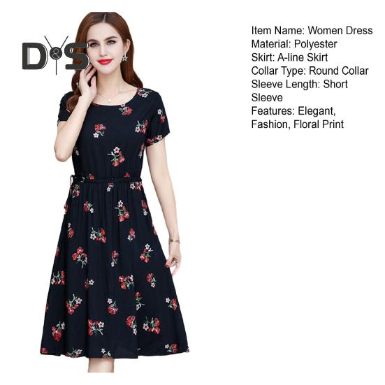 Abito Estivo da Donna con Stampa Floreale Boho Manica Corta Girocollo Abito Midi Vita con Coulisse Fluido A-Line Abito da Spiaggia