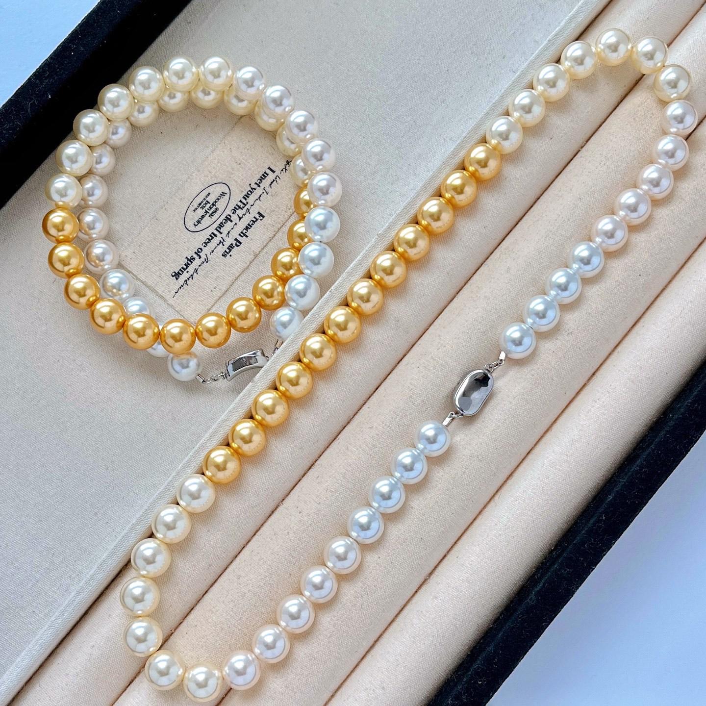 10Mm Design Sense Gradual Change Color High Gloss Artificial Crystal Pearl Necklace Collarbone Chain