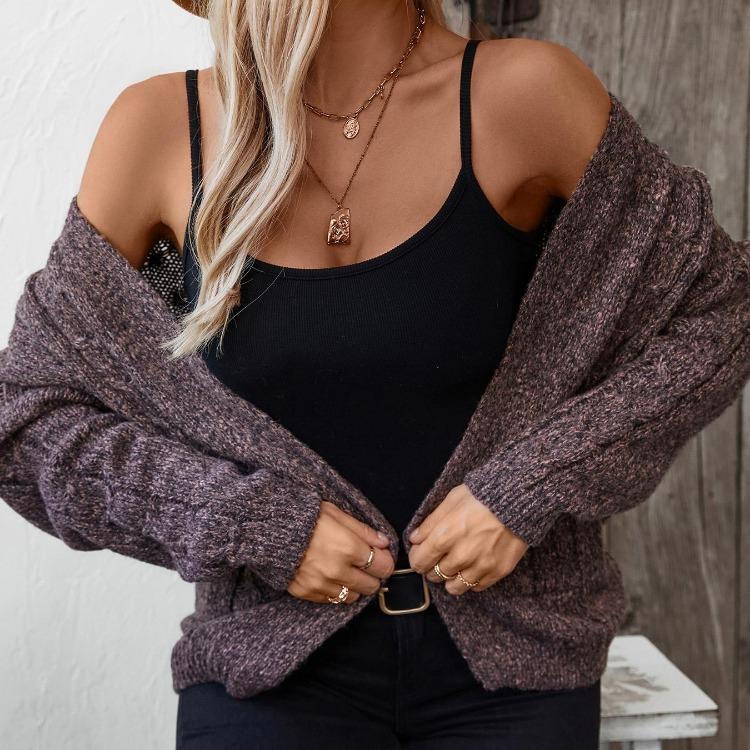 Vintage Solid Color V-Neck Knitwear Cardigan Loose Long Sleeve Sweater Top for Autumn Winter