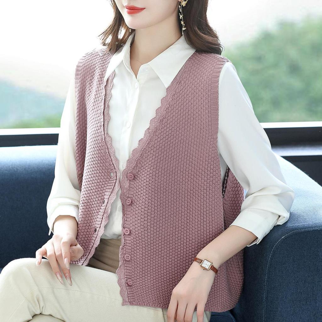 Dzianinowa kamizelka swetrowa z dekoltem w serek i koronkowym wykończeniem - Damska modna kamizelka bez rękawów na wiosnę/jesień dla mam w średnim wieku